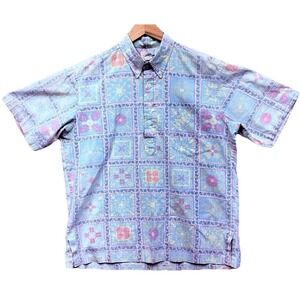 Reyn Spooner Pastel Quilt Block Popover Hawaiian Shirt Mens L Tailored Vintage